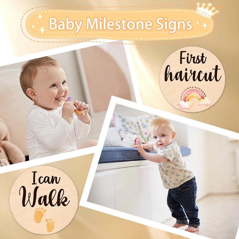 MCIAONE Baby Monthly Milestone Cards Signs - 13 Double Sided Little Elephant Milestone Cards, "Hello" Wooden Circles Discs for Photo Props Elephant Newborn Announcement Marker, Baby Shower Newborn Sign Gift - Image 2